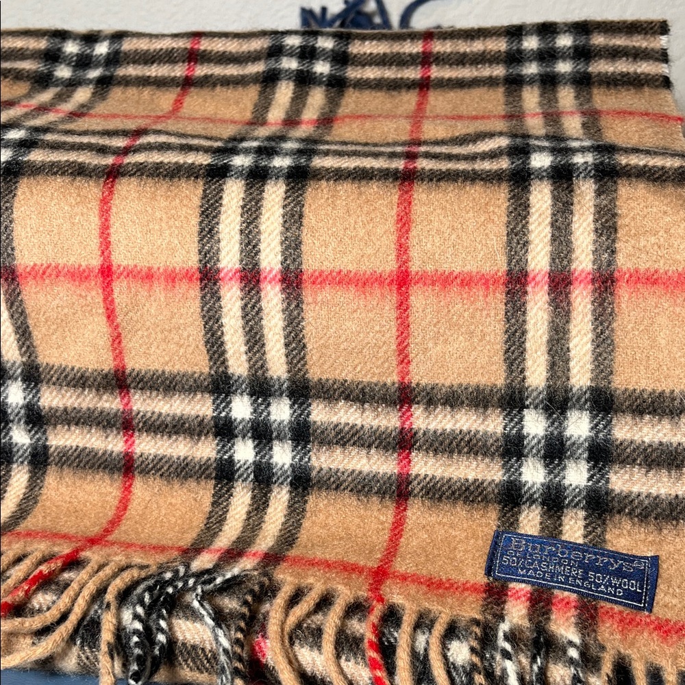 Burberry Tan and Red Checkered Scarf